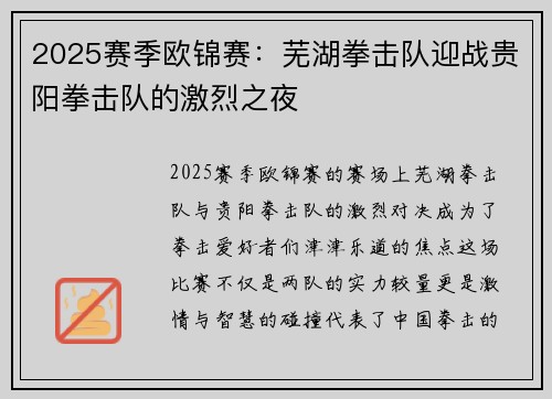 2025赛季欧锦赛：芜湖拳击队迎战贵阳拳击队的激烈之夜