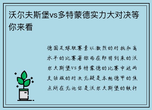 沃尔夫斯堡vs多特蒙德实力大对决等你来看
